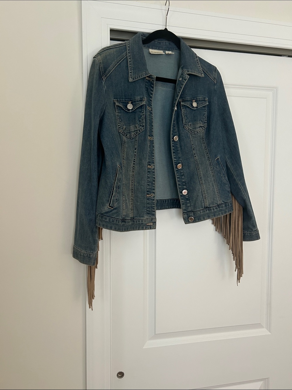 Chico's Blue Denim Jacket with Tan Fringe